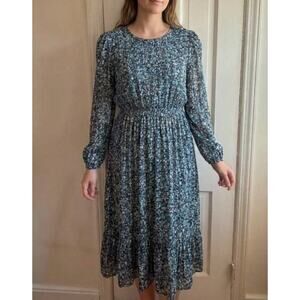NWT Rebecca Minkoff Blue Floral Tiered Midi Dress Long Sleeve Smocked Large